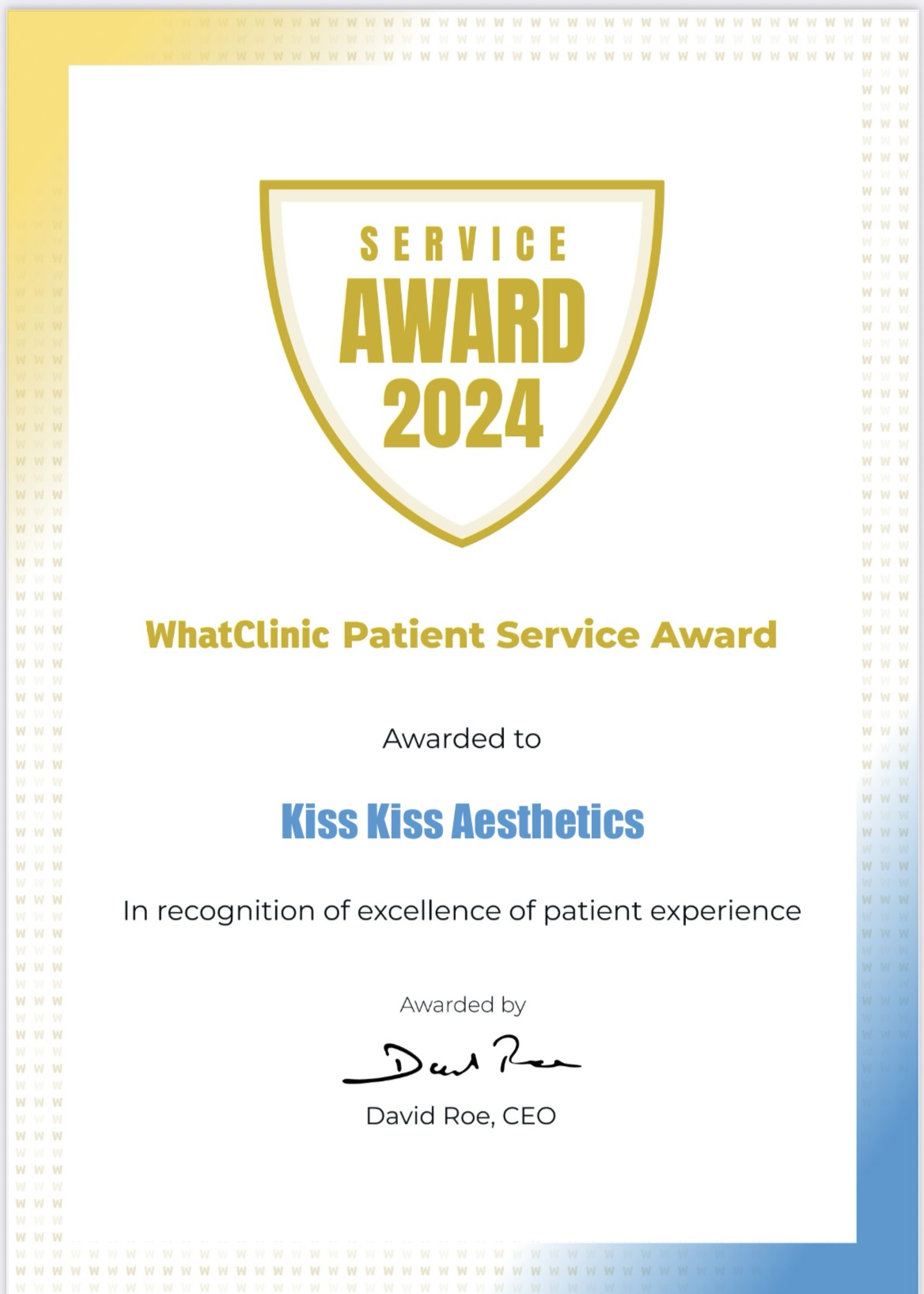 Kiss Kiss Aesthetics Service Award 2024 diploma